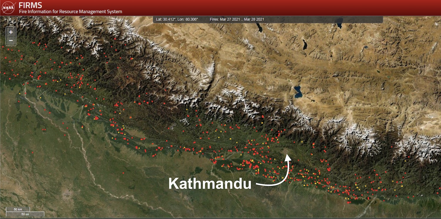 map of hotspots of forest fires Nepal