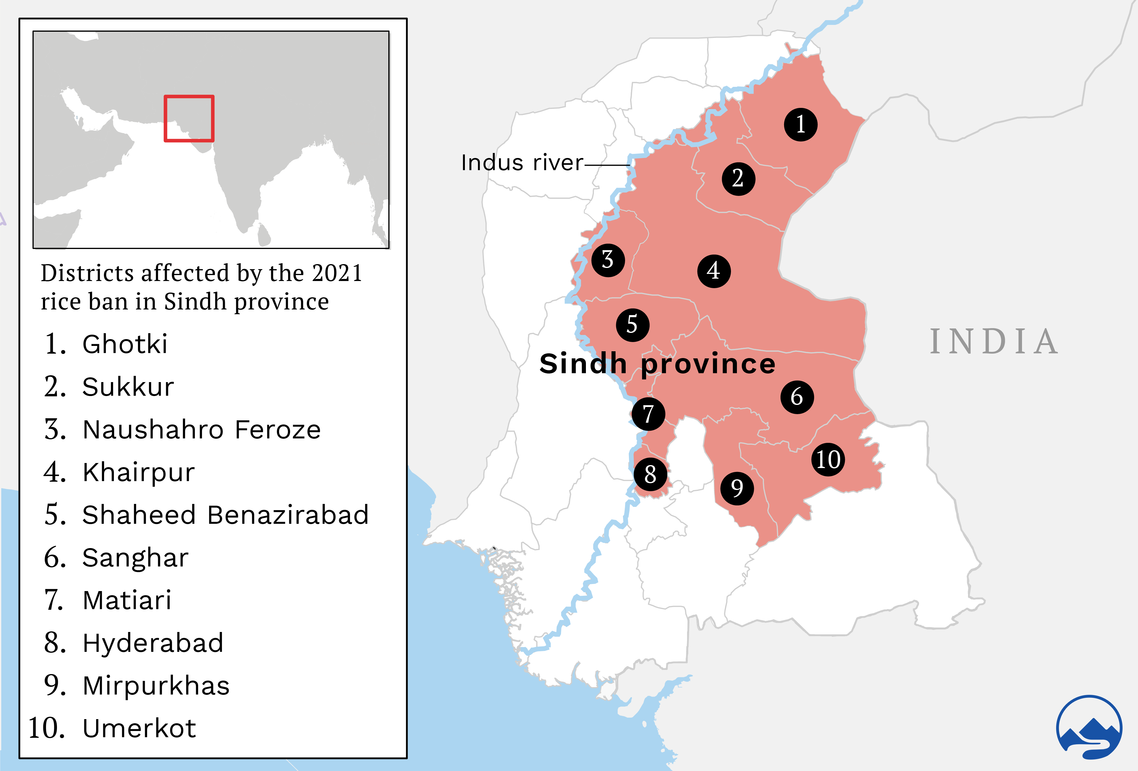 map showing 10 districts of Sindh, Pakistan, where cultivating rice is banned