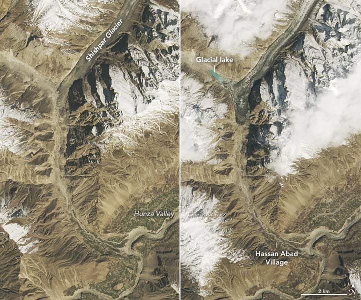 Nasa satellite image showing the position of the glacier and lake
