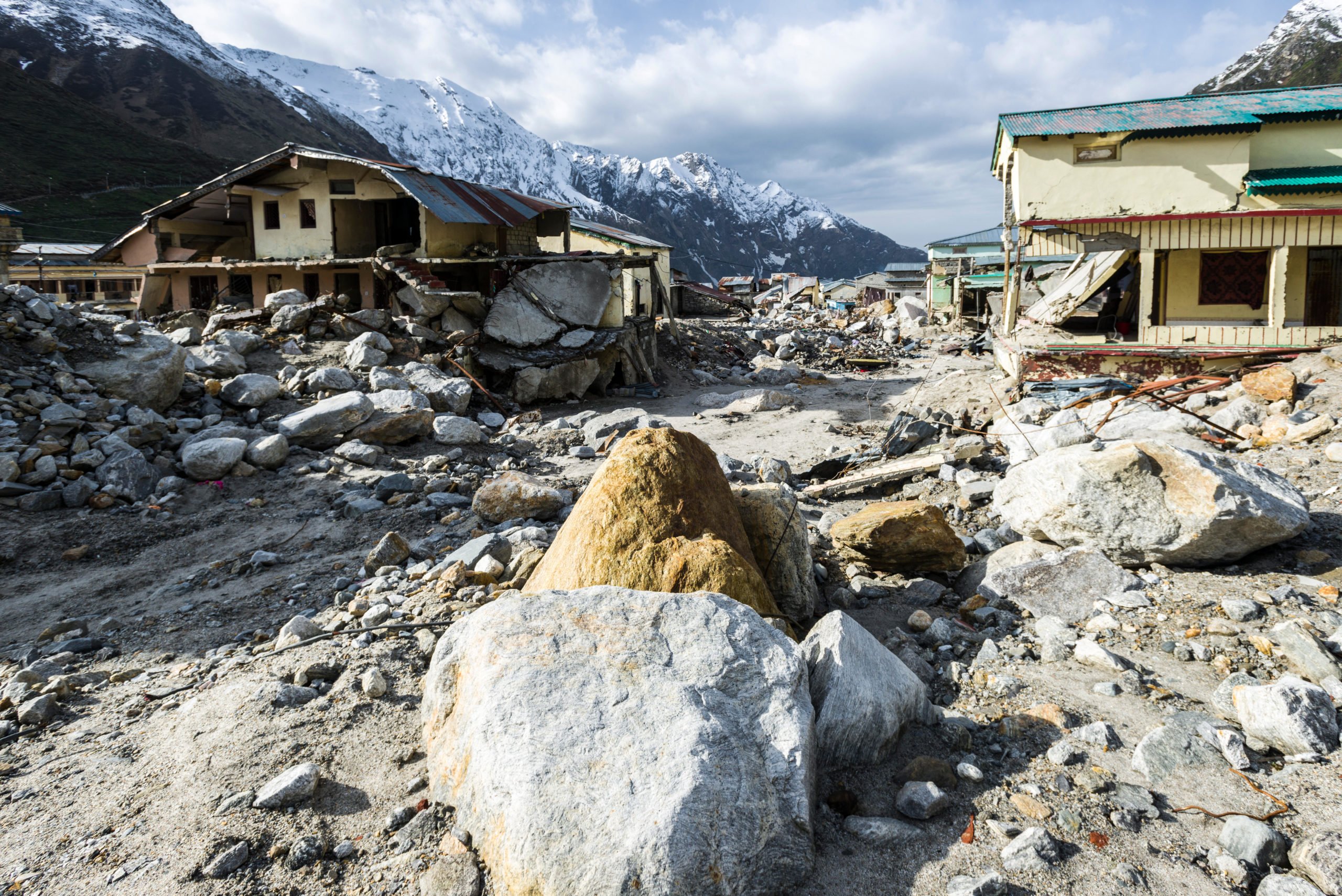 <p>The ruins of a small town in Uttarakhand that was destroyed by the Mandakini River in 2013. The disaster was triggered by torrential rains that set off landslides, floods and a lake outburst and debris flow. (Image: Frank Bienewald / Alamy)</p>