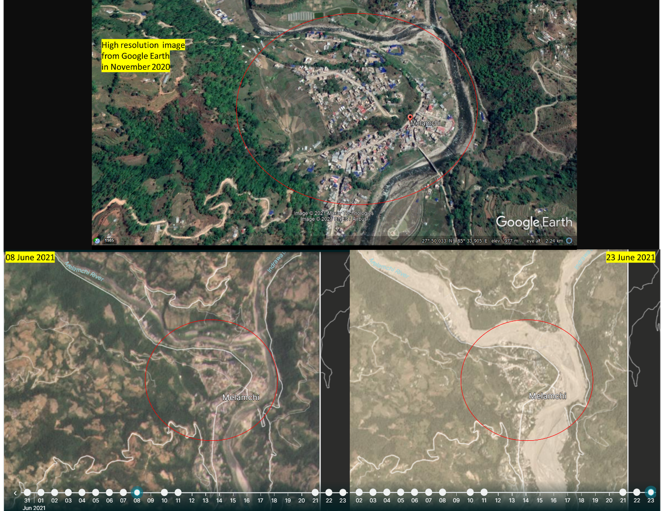 The Melamchi area, before and after the 15 June 2021 disaster (Image: Google Earth and Planet)