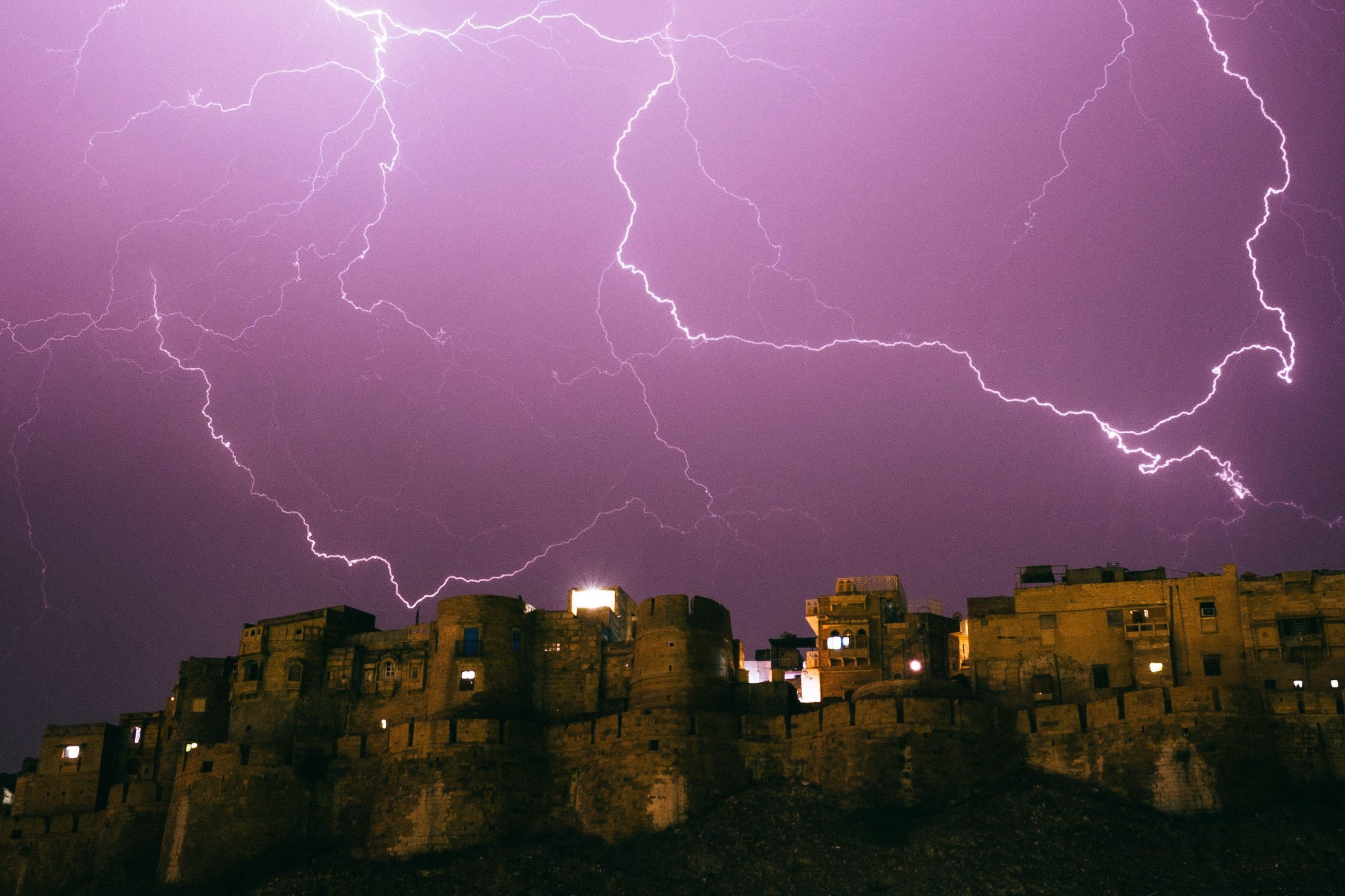 <p>Lightning strikes above the city of Jaisalmer in Rajasthan, India (Image: Alamy)</p>