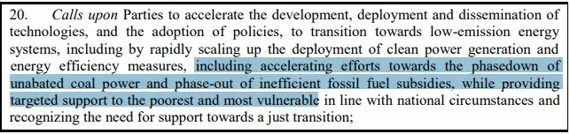 The paragraph on fossil fuels in the Glasgow Climate Pact