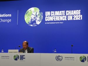<p>Sonam P Wangdi, chair of the Least Developed Countries bloc at the COP26 UN climate negotiations on 3 November 2021 (Image: Natalie Taylor / The Third Pole)</p>