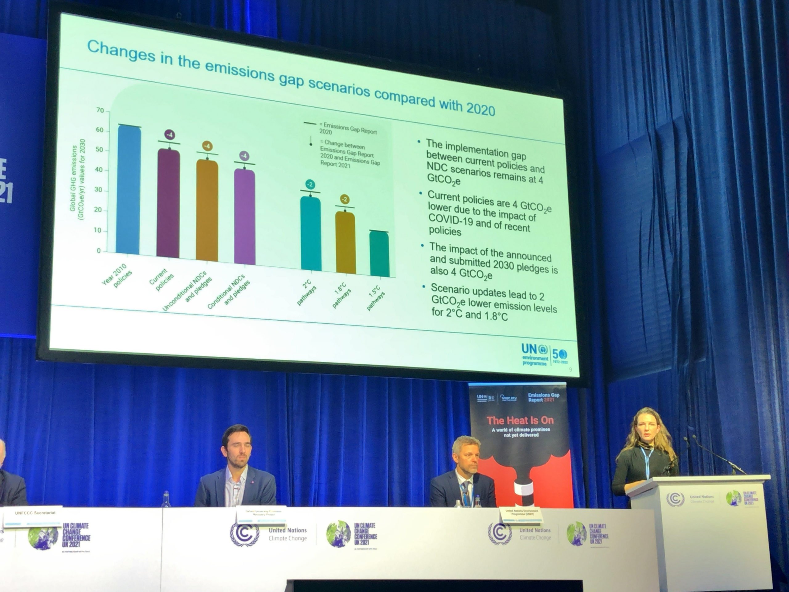 <p>Anne Olhoff, lead author of the UNEP 2021 Emissions Gap Report, explains the emissions gap after countries’ new climate action pledges (Image: Joydeep Gupta)</p>