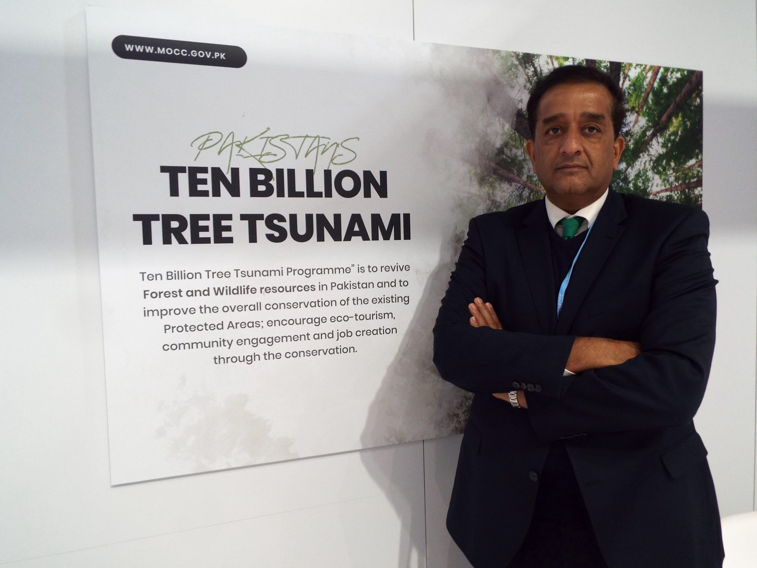 <p>Pakistan’s de facto climate change minister Malik Amin Aslam at the Pakistan pavilion at COP26 (Image: The Third Pole)</p>