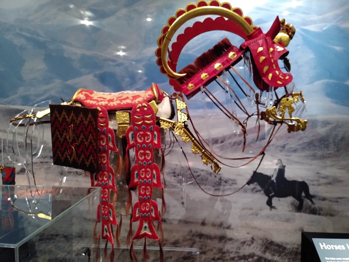A recreation of a horse’s ceremonial Saka burial harness at Gold of the Great Steppe, Cambridge, UK