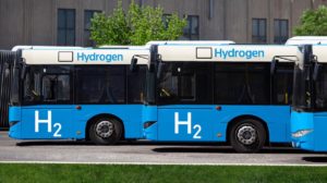 hydrogen fuel cell buses stands at the bus station