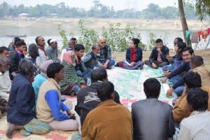 <p>Residents of Fenchuganj in Sylhet district, Bangladesh participate at a Nodi Boithok – or &#8216;river meeting&#8217; – to identify important fish habitats and conflict spots in the Kushiyara River (Image: Oxfam/CNRS)</p>