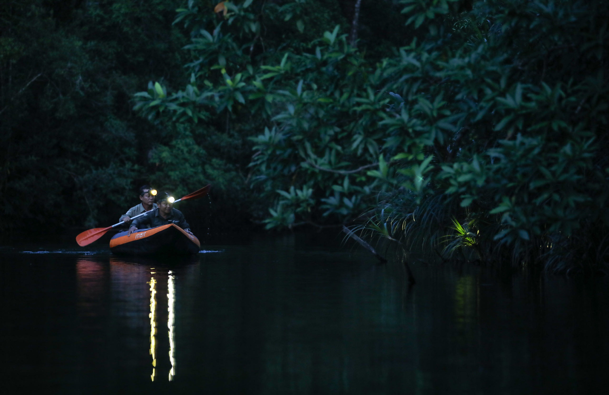 Hor Leng (left) and Sam Han (right), veteran members of the Cambodian Crocodile Conservation Project, conduct a night survey of Siamese crocodiles following a release in the Sre Ambel River 