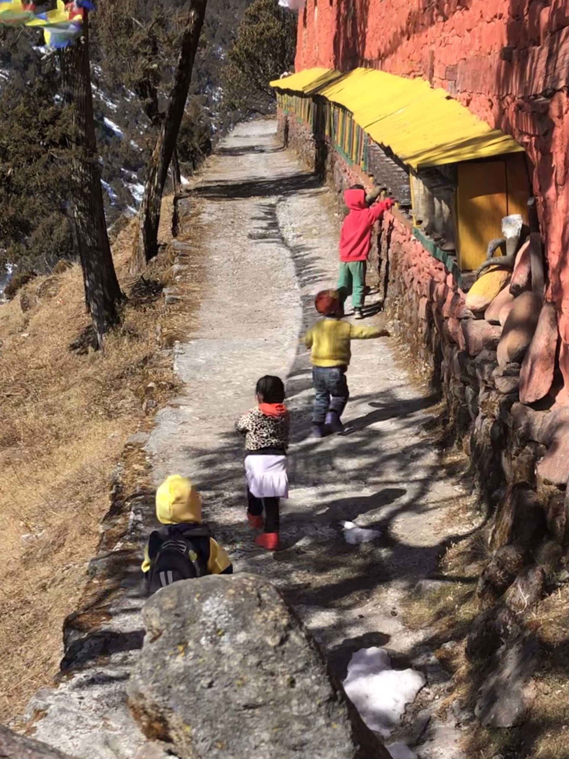 back view of children walking in a line
