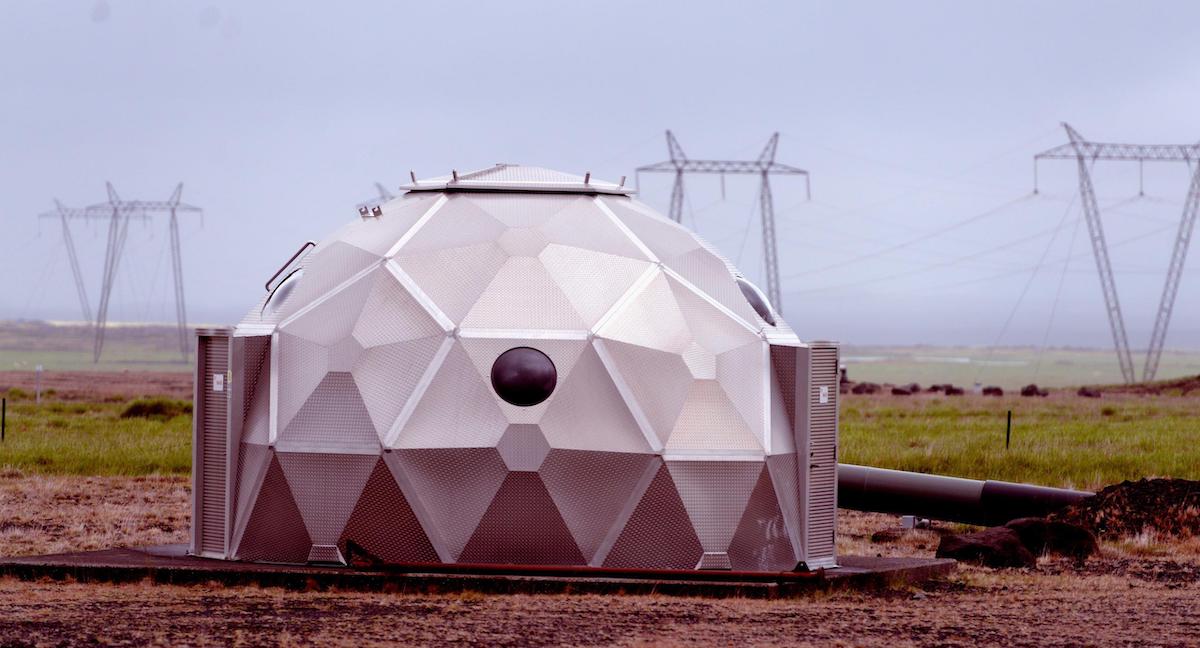 A silver polyhedron structure, with electricity transmission lines