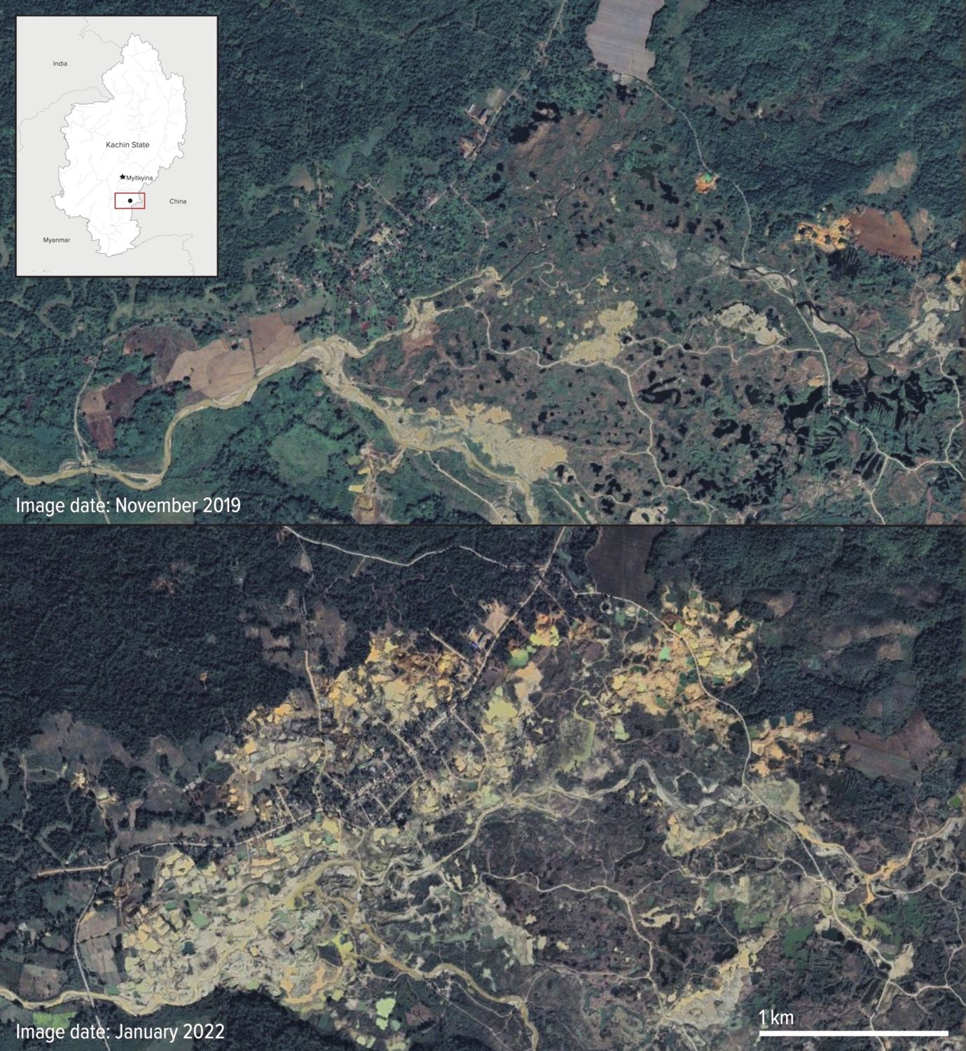 Satellite imagery shows the impact of gold mining in Nam San Yang, Kachin State between November 2019 (above) and January 2022 (below)