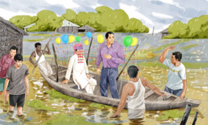 Illustration of a groom in Bihar travelling to his wedding by boat during monsoon floods, Vipin Sketchplore