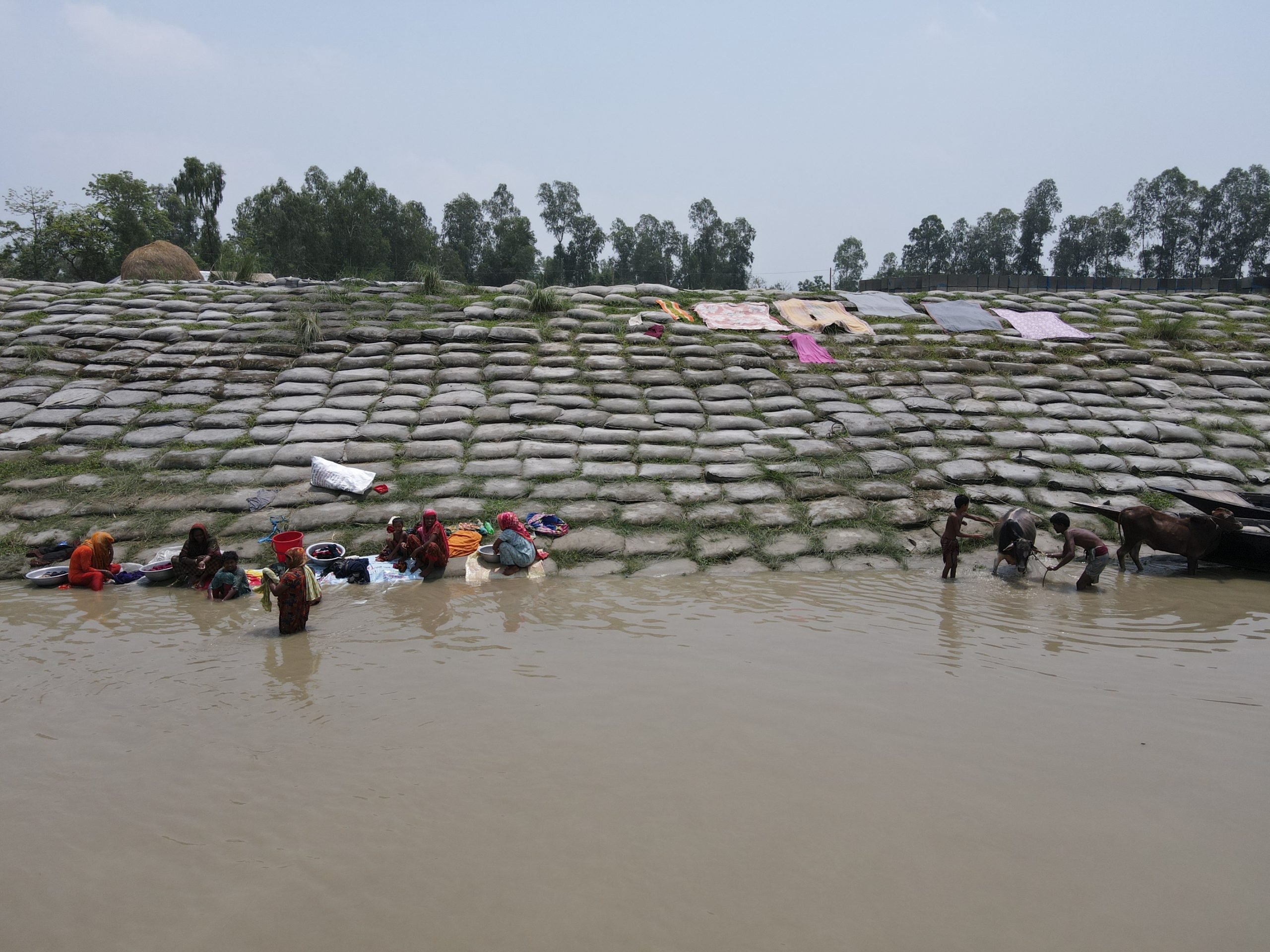 Sand-filled bags on the banks of Pakuar Char to prevent river erosion