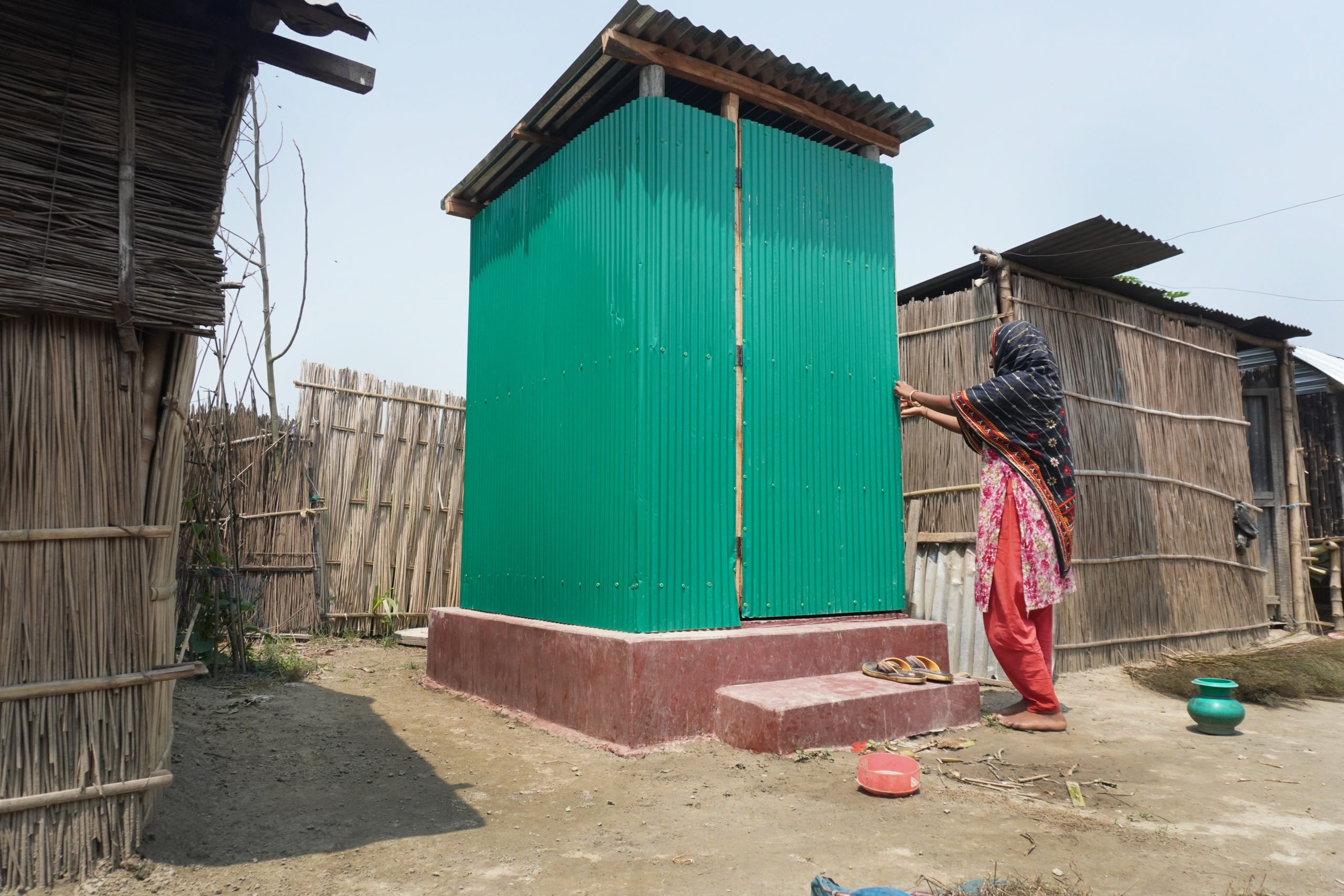 A public toilet built on a raised platform in Char Shubhagacha, Jamalpur, to keep it above floodwaters
