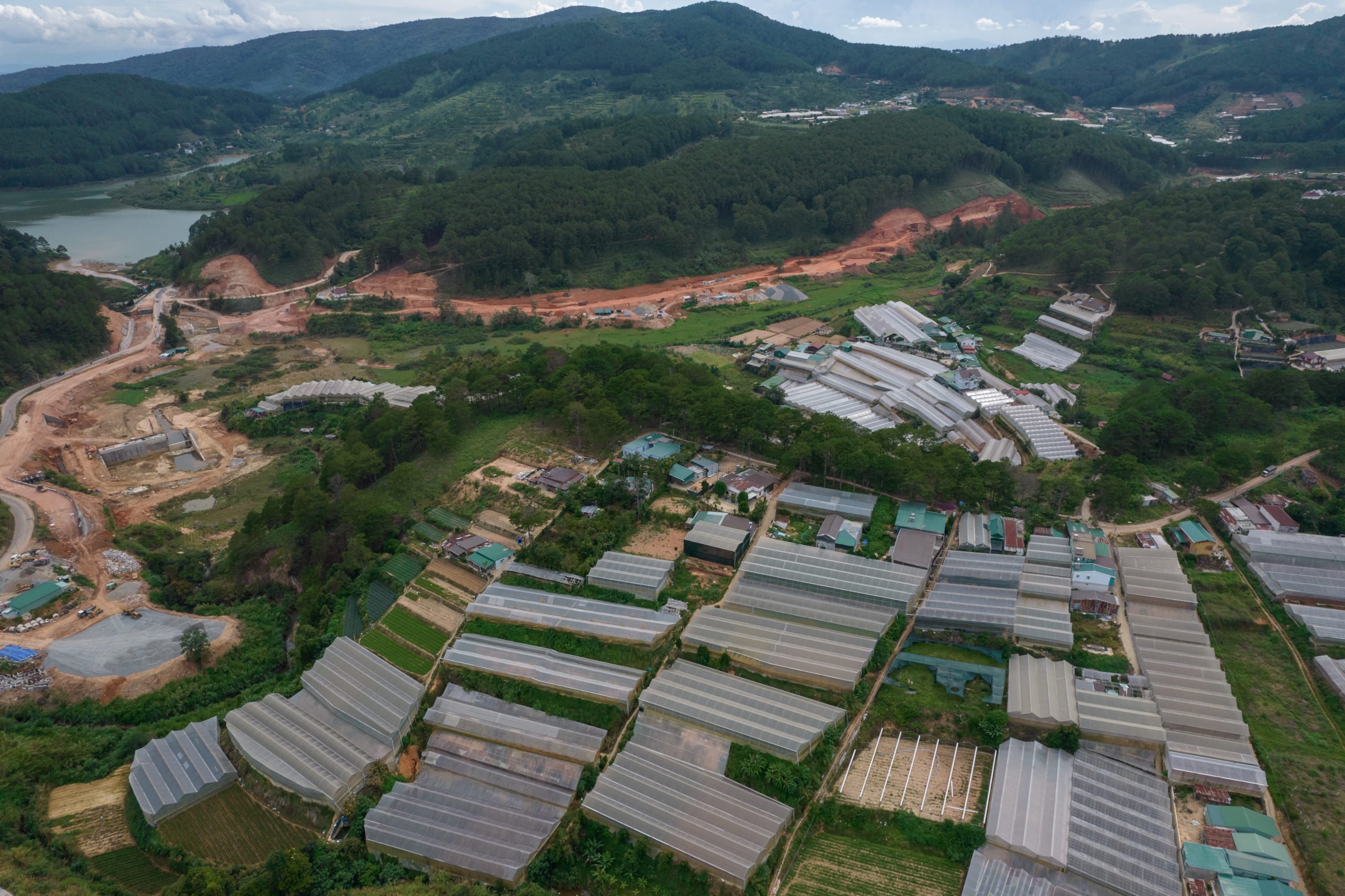 greenhouses and hills seen from above