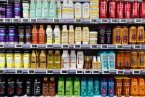 Cosmetics, shampoo bottles on a shelf: a source of plastic waste