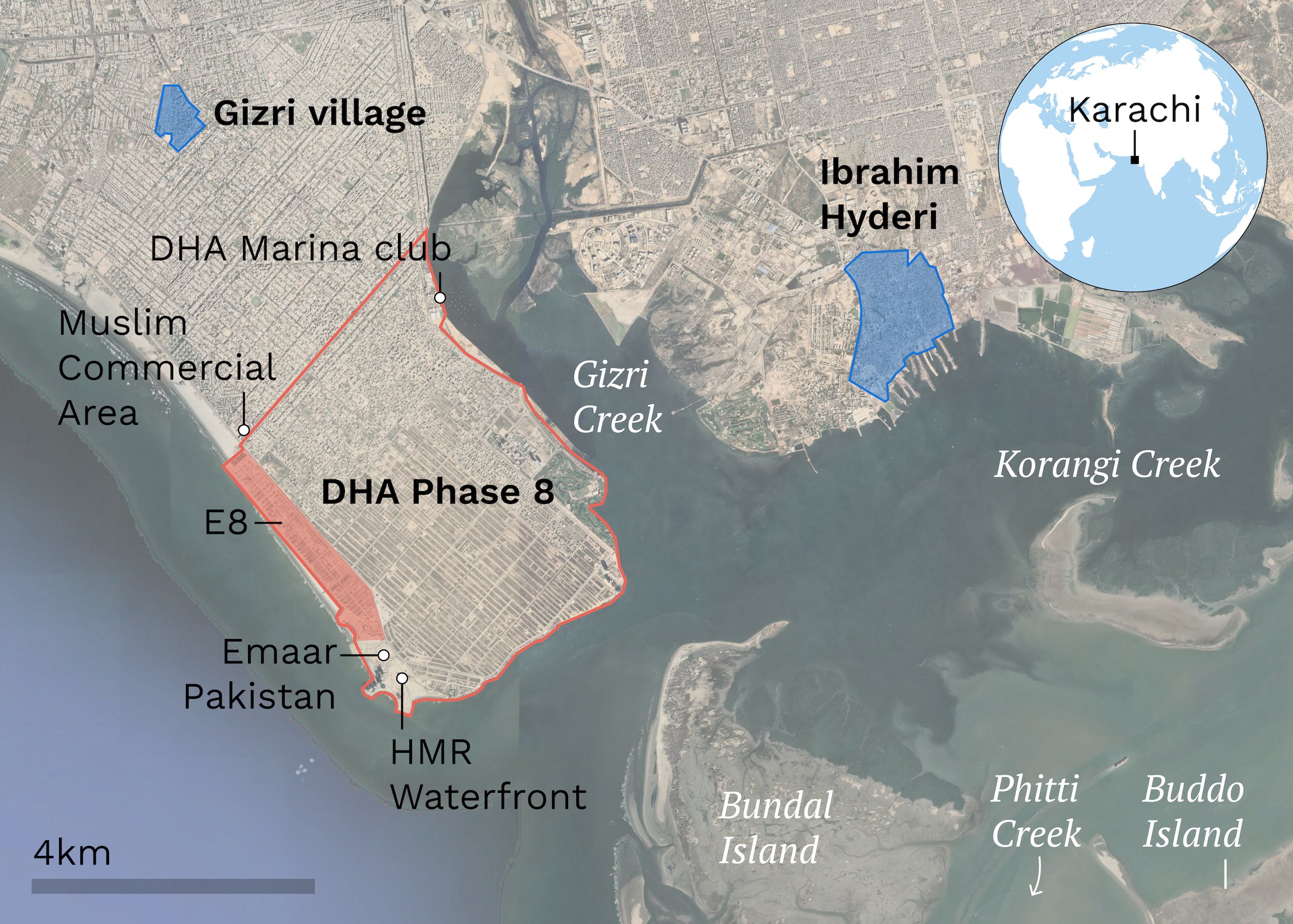 Map showing the huge area covered by the DHA’s Phase 8 development, bounded by Gizri Creek and the Arabian Sea
