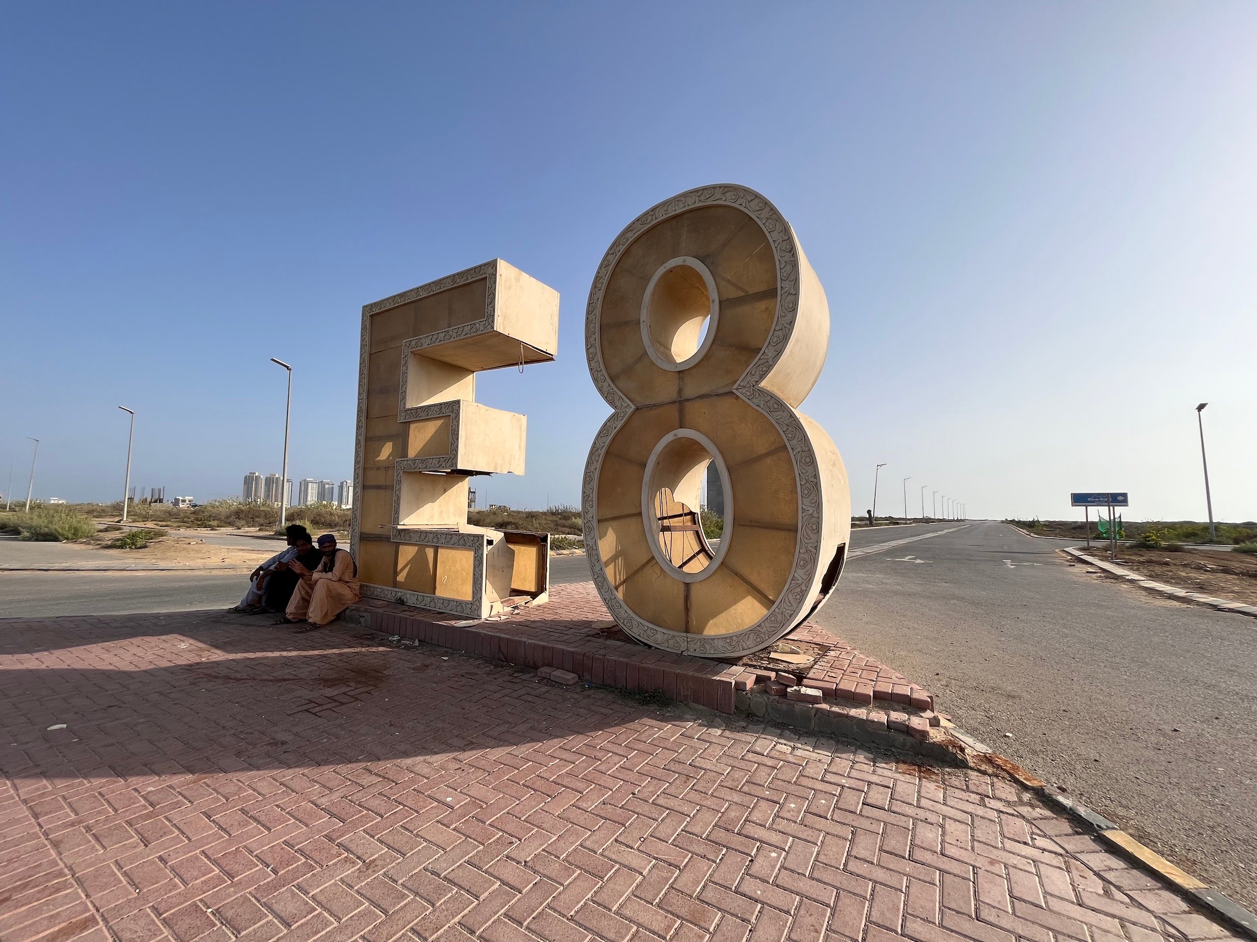 Sculpture of the characters 'E8' - E8 is the sixth section of the DHA’s Phase 8 housing development in Karachi, Pakistan