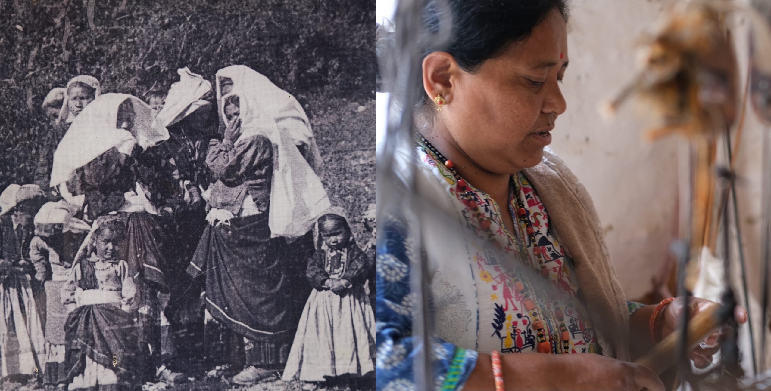 <p><span style="font-weight: 400;">Changing lives: An archive photograph (left) of women wearing traditional festival attire in Milam village in what is now Uttarakhand; Damyanti Pangti (right), a weaver in Darkot village works on a traditional ‘khaddi’, or loom, in June 2022. (Image: Shikha Tripathi / The Third Pole)</span></p>