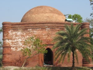 <p>The Chunakhola Mosque, part of Unesco world heritage site the Mosque City of Bagerhat. This is one of worst-affected archaeological sites on Bangladesh’s southwestern coast: the white residues on the clay bricks are the salt left behind by evaporating saline water, which can damage the structural integrity of the building. (Image: S Inzamamul Haque)</p>