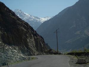 A tarmacked section of the Pamir Highway in Darvoz district, Tajikistan, photographed in April 2022 before the start of renovation work