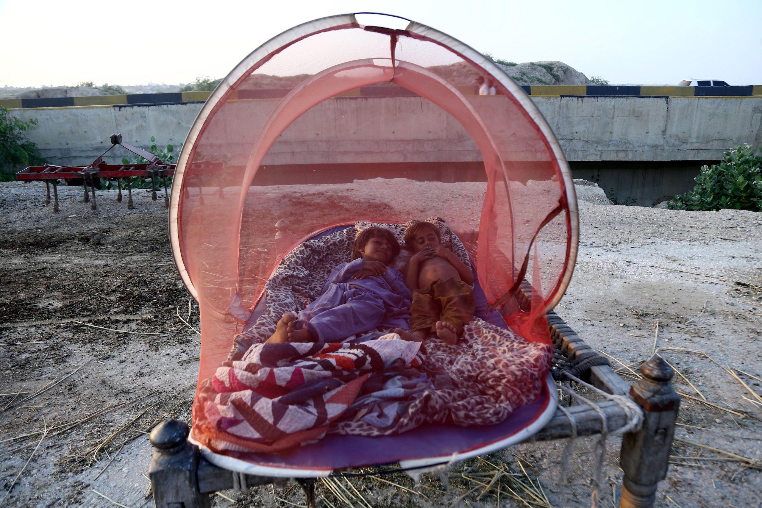 Children sleep outside under a mosquito net