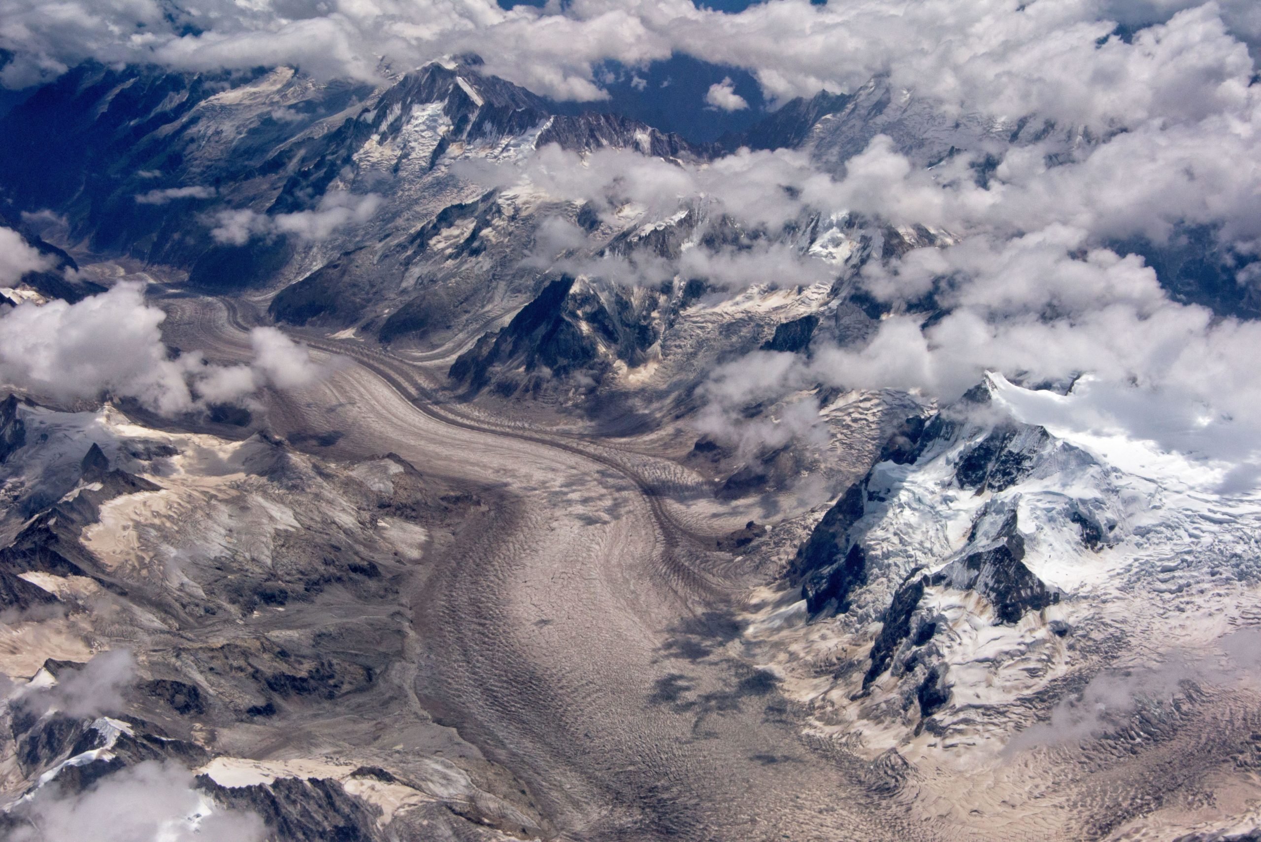 Aerial view of snowy mountain and glacier
