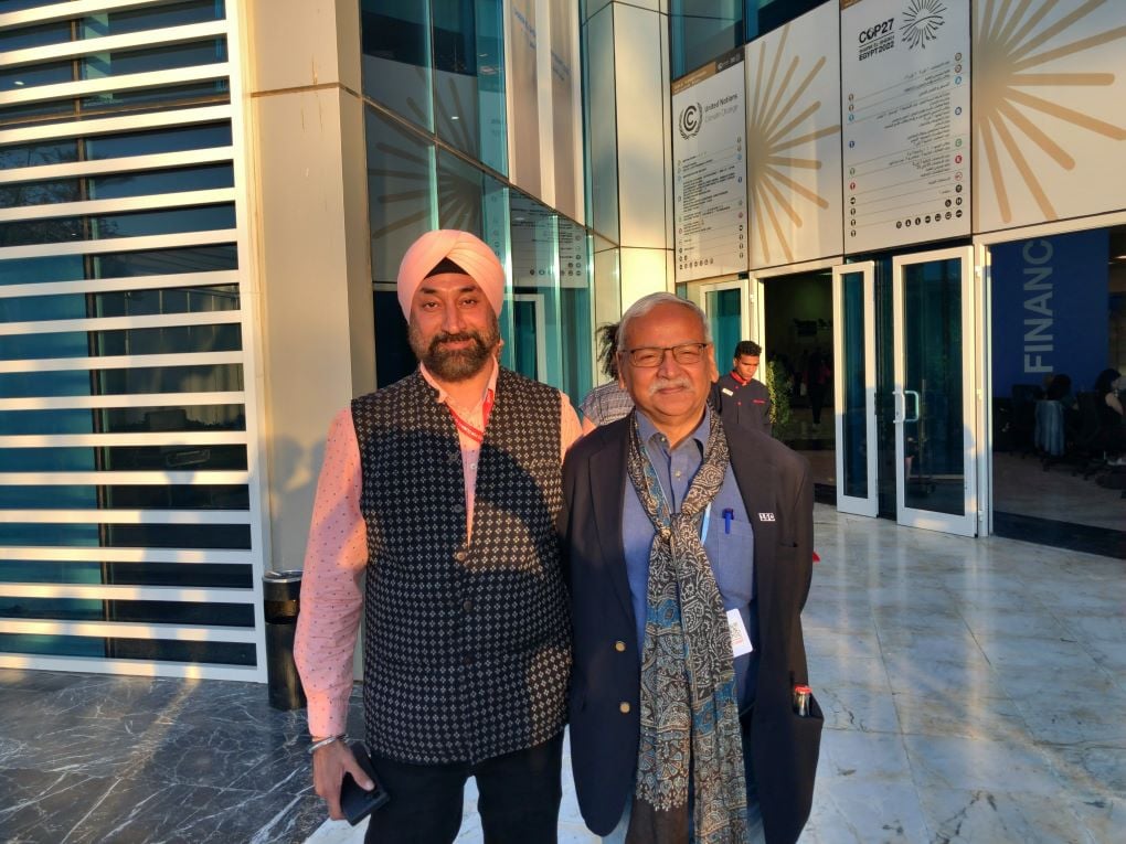 <p>Harjeet Singh (left) and Saleemul Huq were two of the campaigners for a loss and damage fund, one of the few successes of COP27 (Image: Joydeep Gupta)</p>