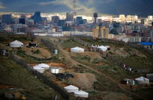 <p>Gers – traditional Mongolian tents – in a hilly area on the outskirts of Ulaanbaatar. Ger districts in Mongolia’s capital have grown rapidly in recent years. (Image: Carlos Barria / Alamy)</p>