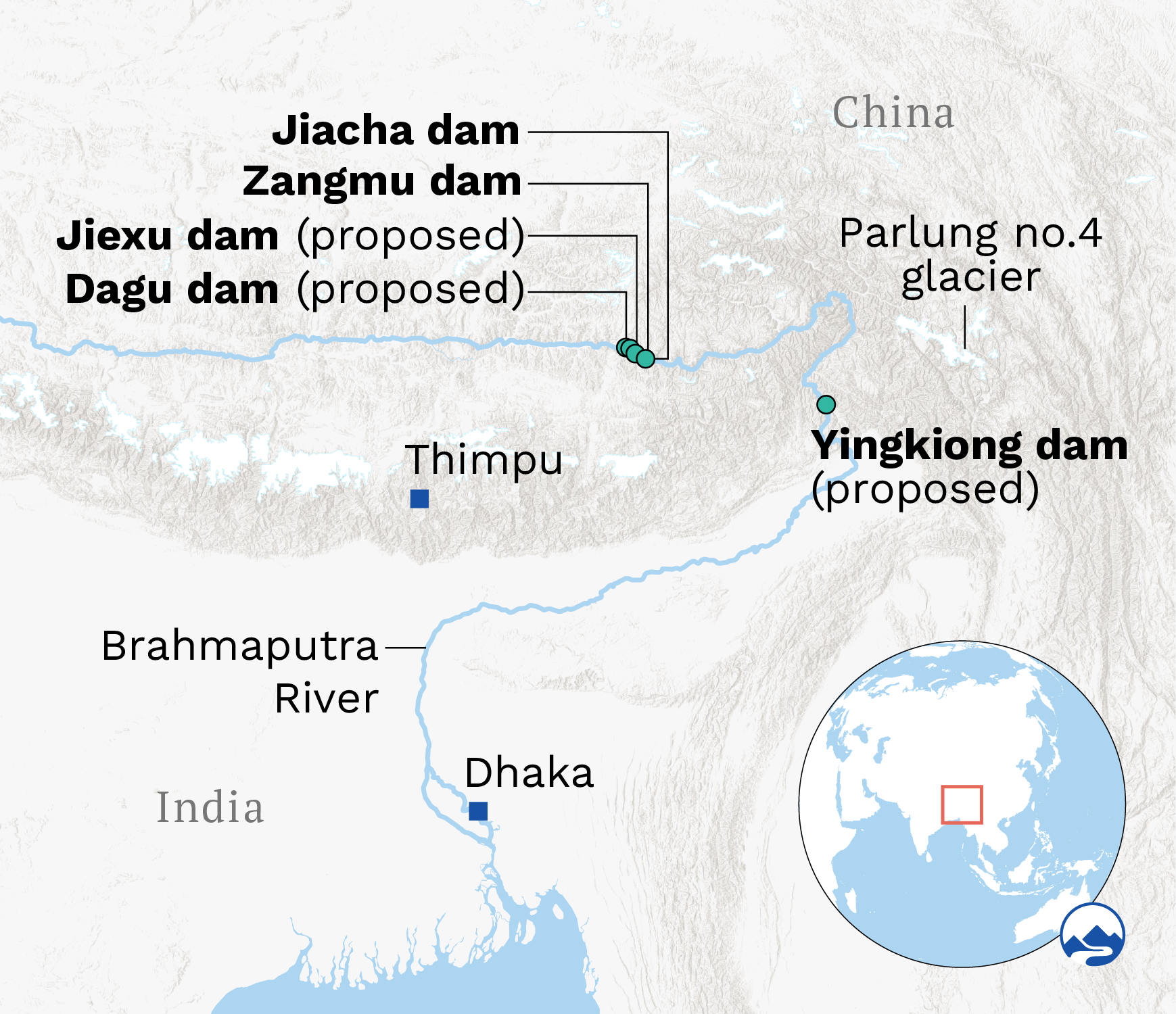 Map showing four Chinese dams and one proposed Indian dam on the Brahmaputra river, South Asia Himalayas