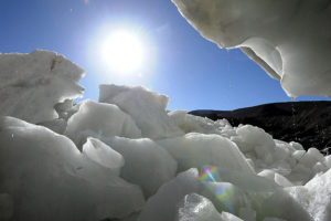 <p>Melting ice at the Purog Kangri glacier in Tibet (Image: Tang Zhaoming / Alamy)</p>