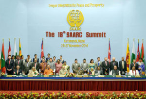 A group photograph of Heads of SAARC member states at the closing ceremony of the 18th SAARC Summit in Kathmandu