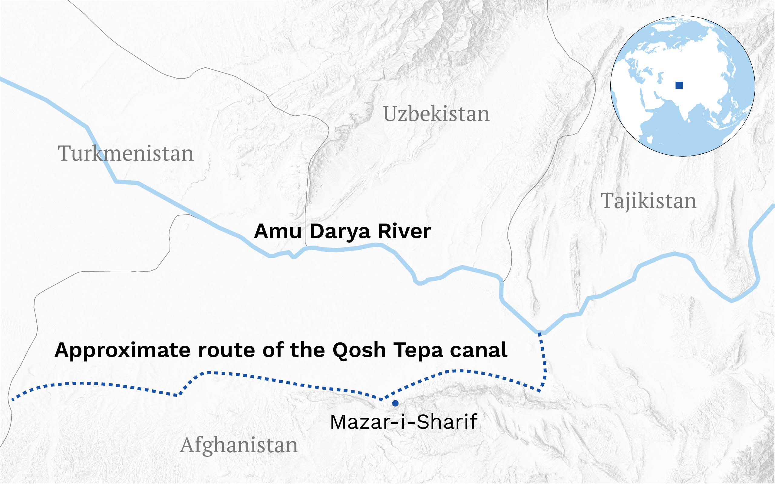 Map showing approximate route of Qosh Tepa Canal