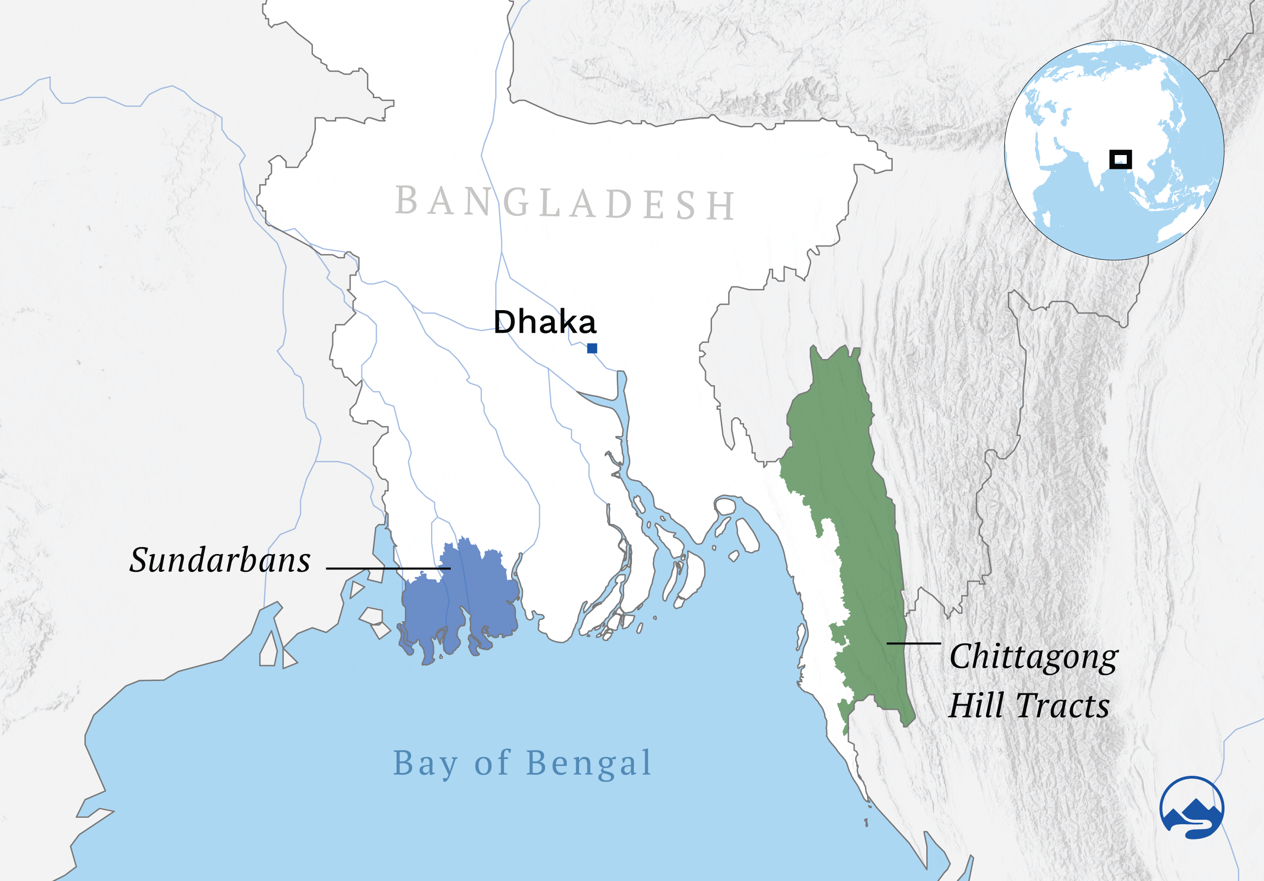 A map showing the geolocation of Chittagong Hill Tracts and Sundarbans