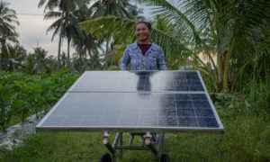 woman standing behind ground mounted solar panels